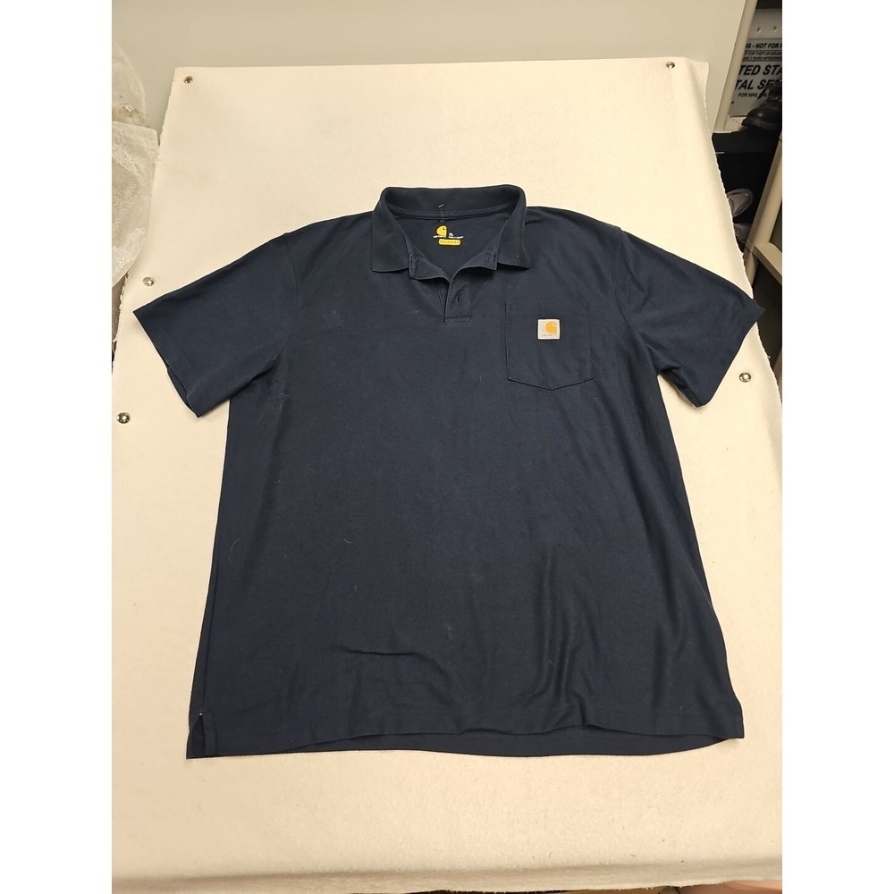 Carhartt Men Polo Shirt Blue Logo Pockets Workwear Short Sleeve Collar XL